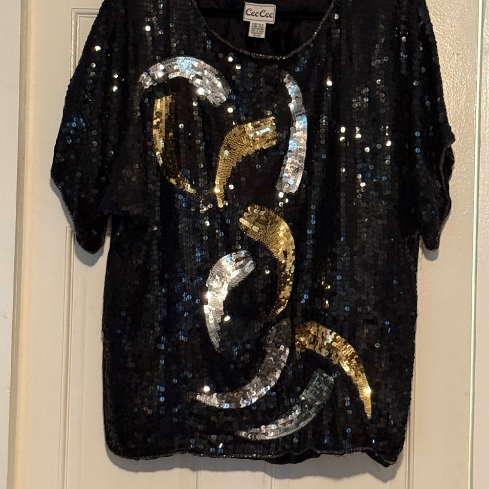 Vintage CeeCee Black, Gold, and Silver Sequin Silk Top